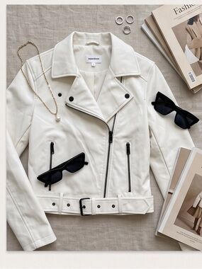 superdown White Faux Leather Moto Jacket with Black Hardware